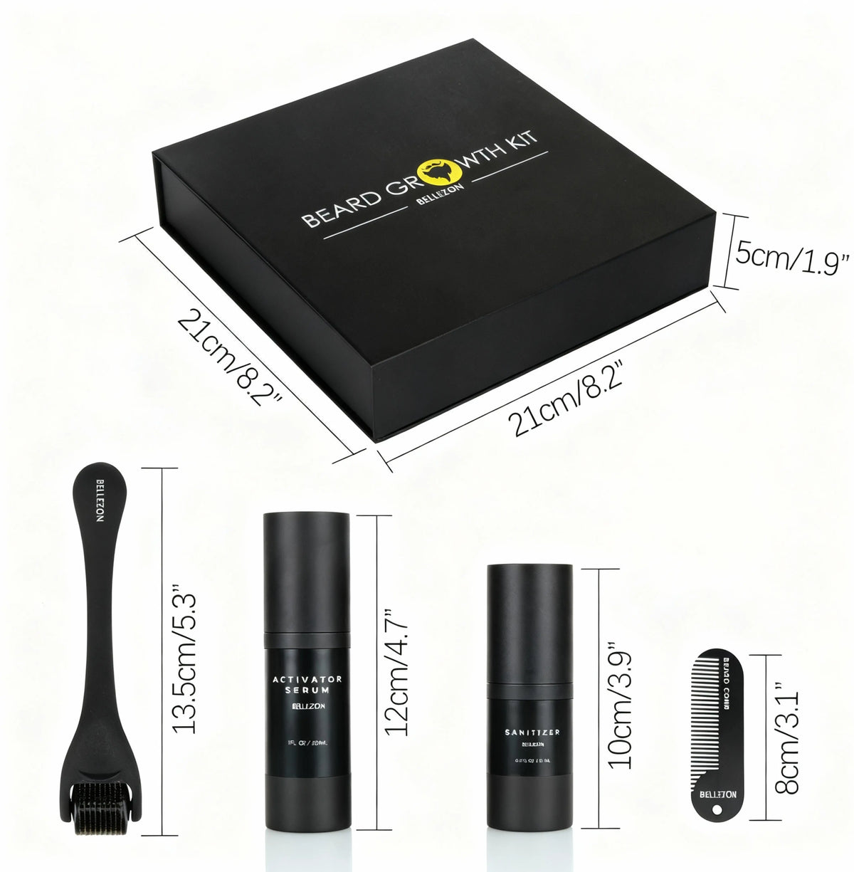 Beard growth kit with black box, serum bottles, and comb on a white background