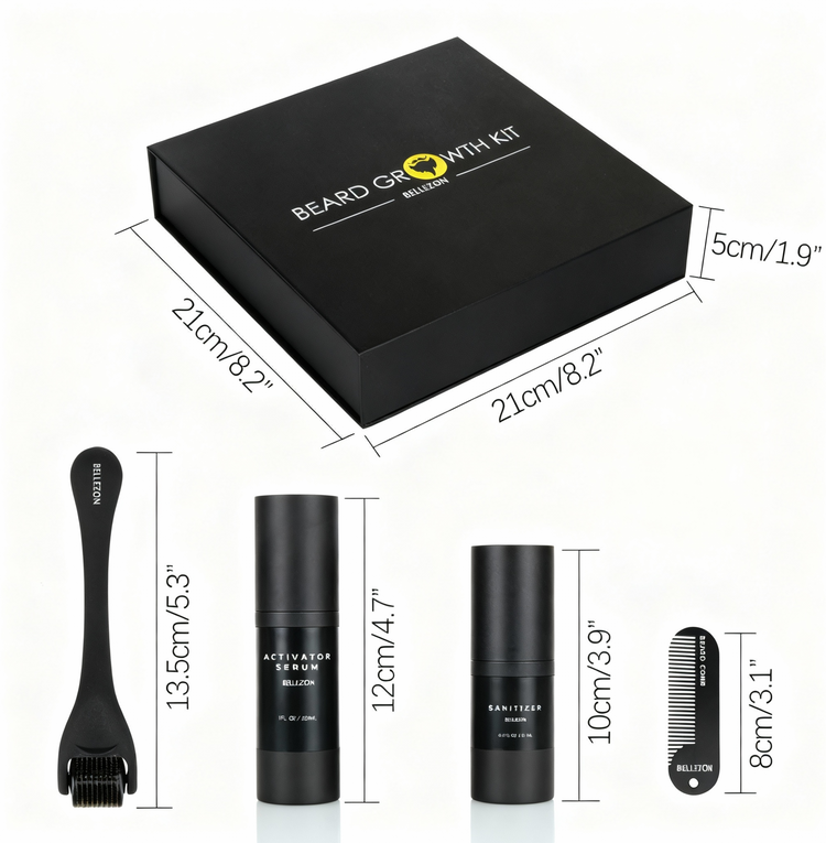 Beard growth kit with black box, serum bottles, and comb on a white background