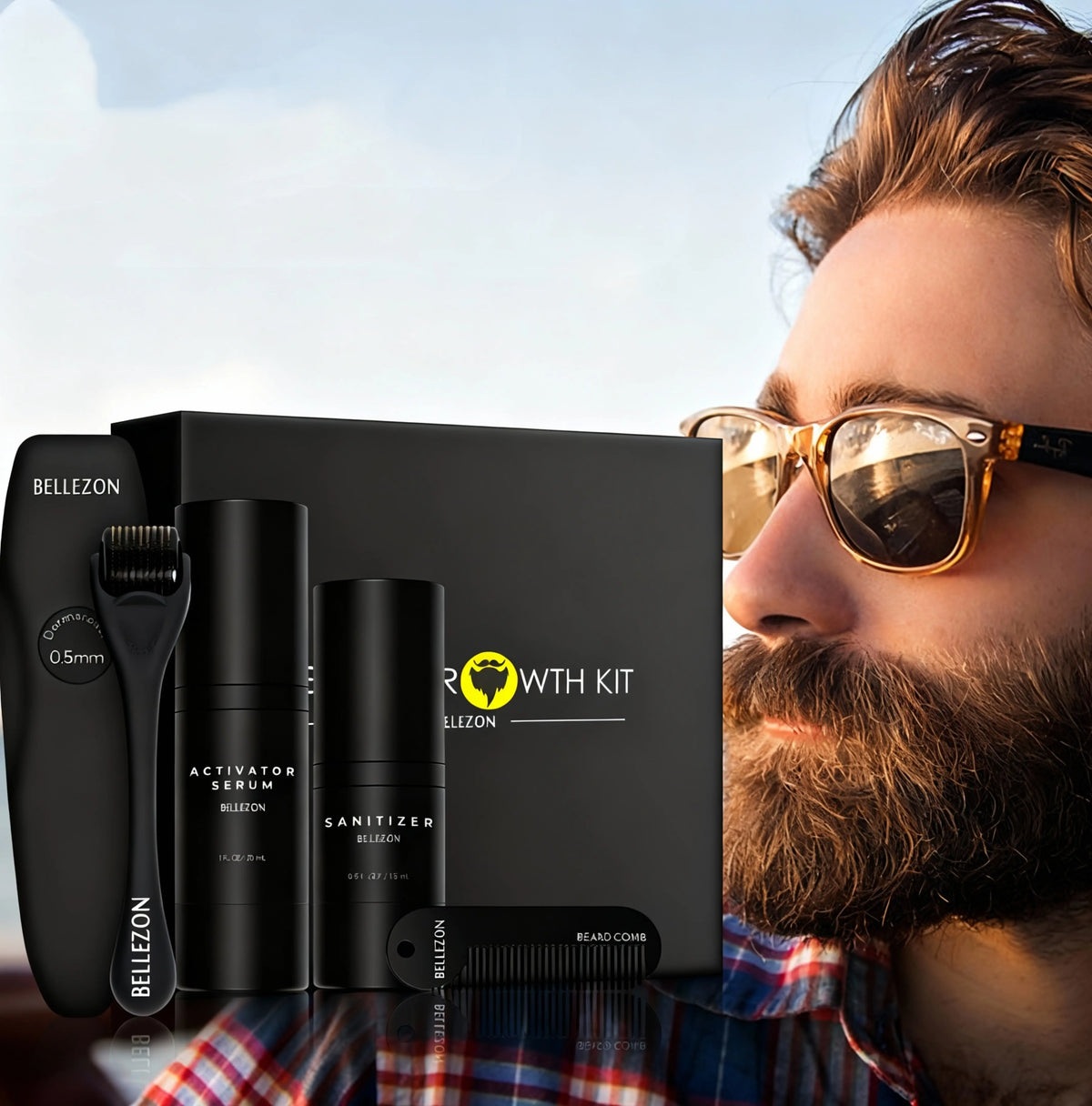 beard growth kit with black micro-needle roller, activator serum bottle, sanitizer, comb, and packaging box