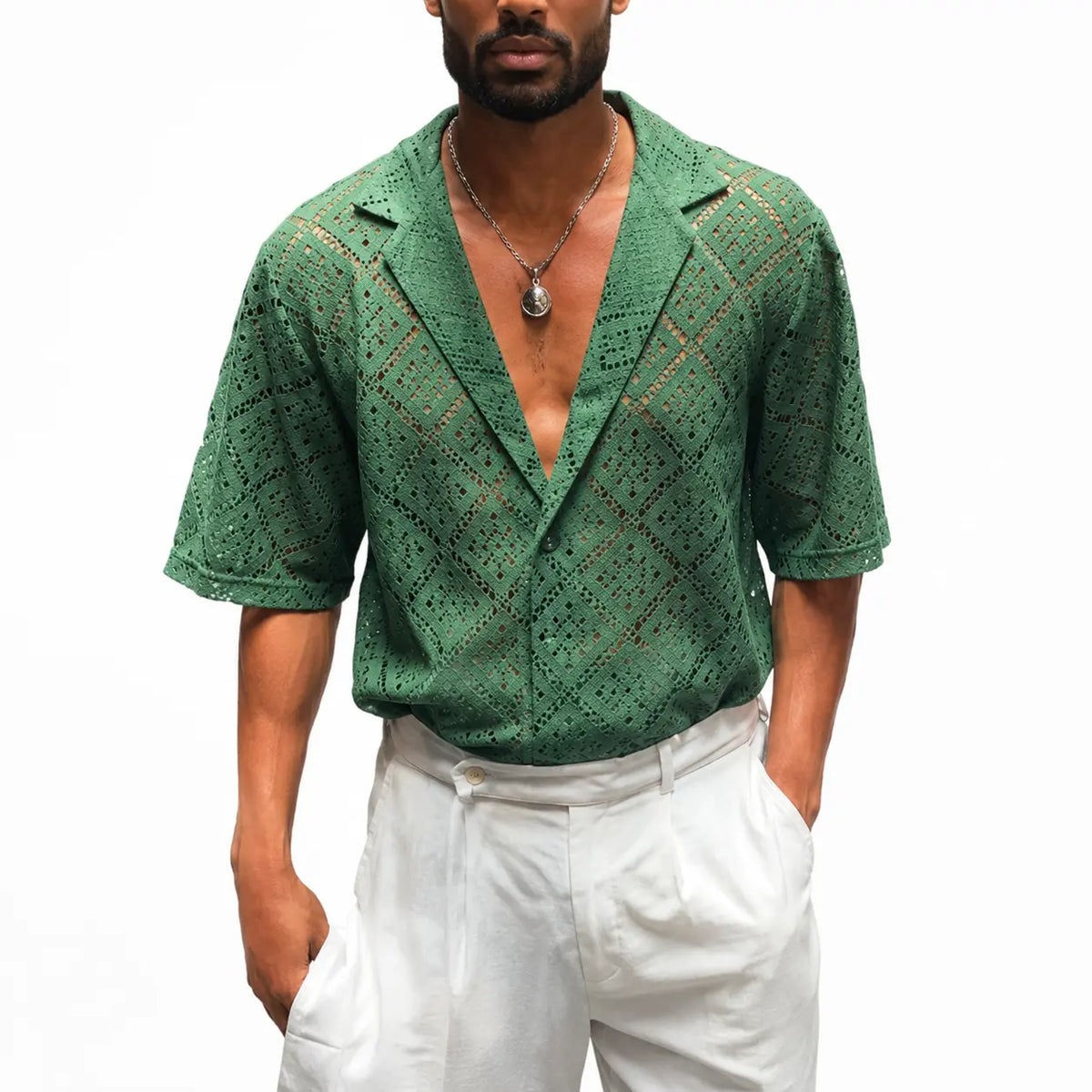 Men's breathable hollow-out shirt for summer, green variant with diamond pattern, front view on model
