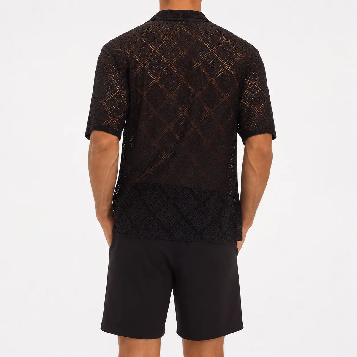 Men's breathable hollow-out shirt for summer, black variant with diamond pattern, back view on model