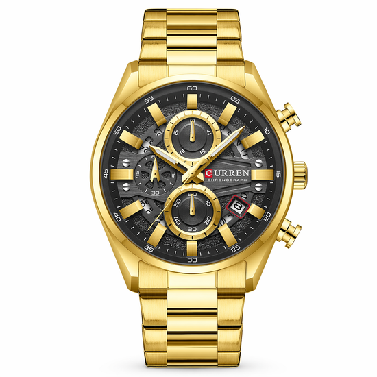 Gold wristwatch with a detailed face on a white background