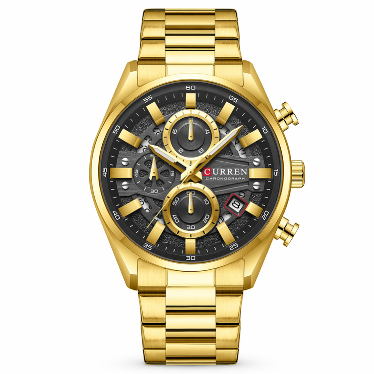 Gold wristwatch with a detailed face on a white background