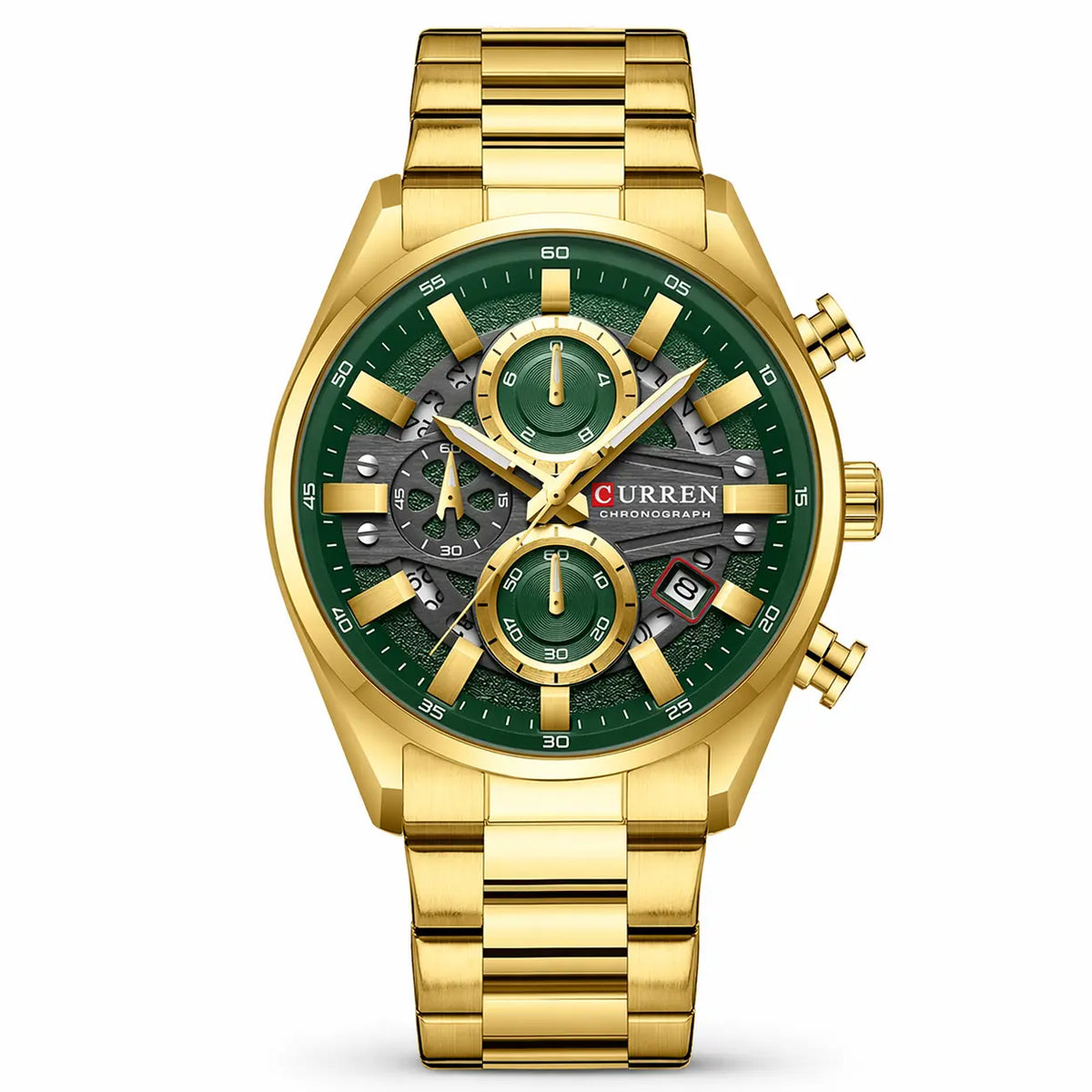 Gold wristwatch with a green face on a white background