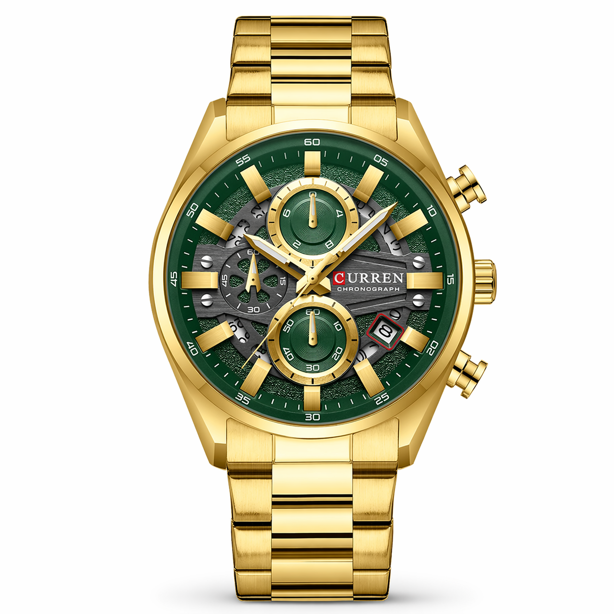 Gold wristwatch with a green face on a white background