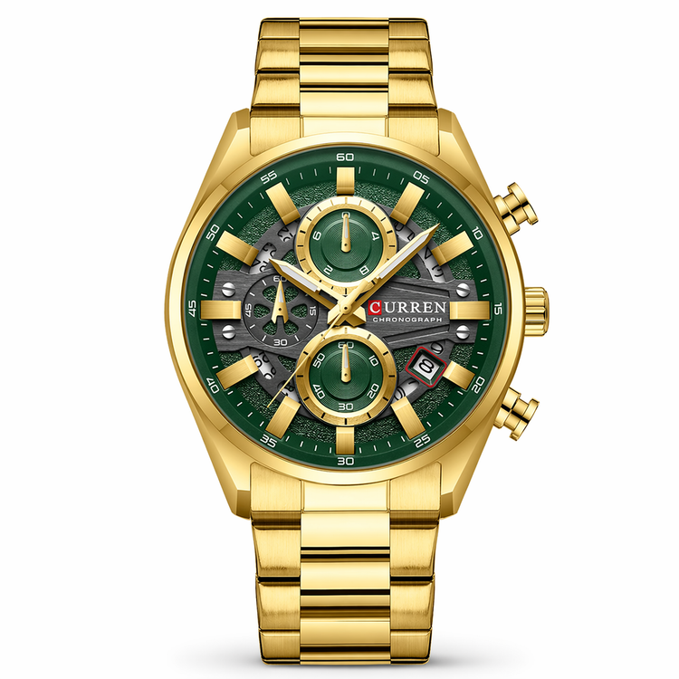 Gold wristwatch with a green face on a white background