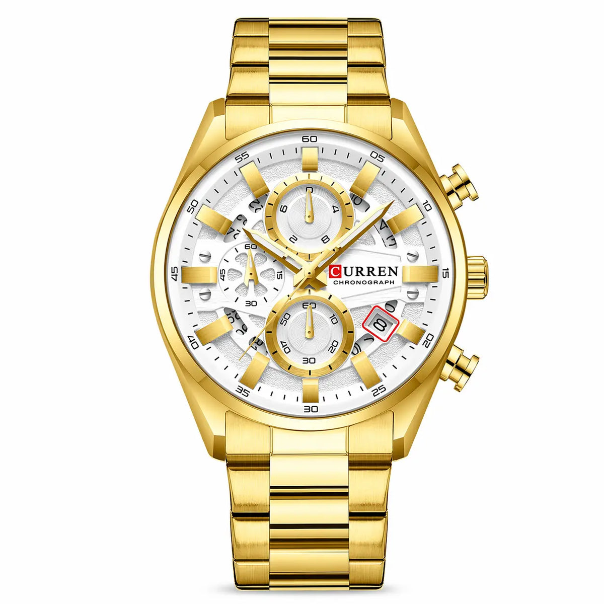 Gold wristwatch with a white face on a white background