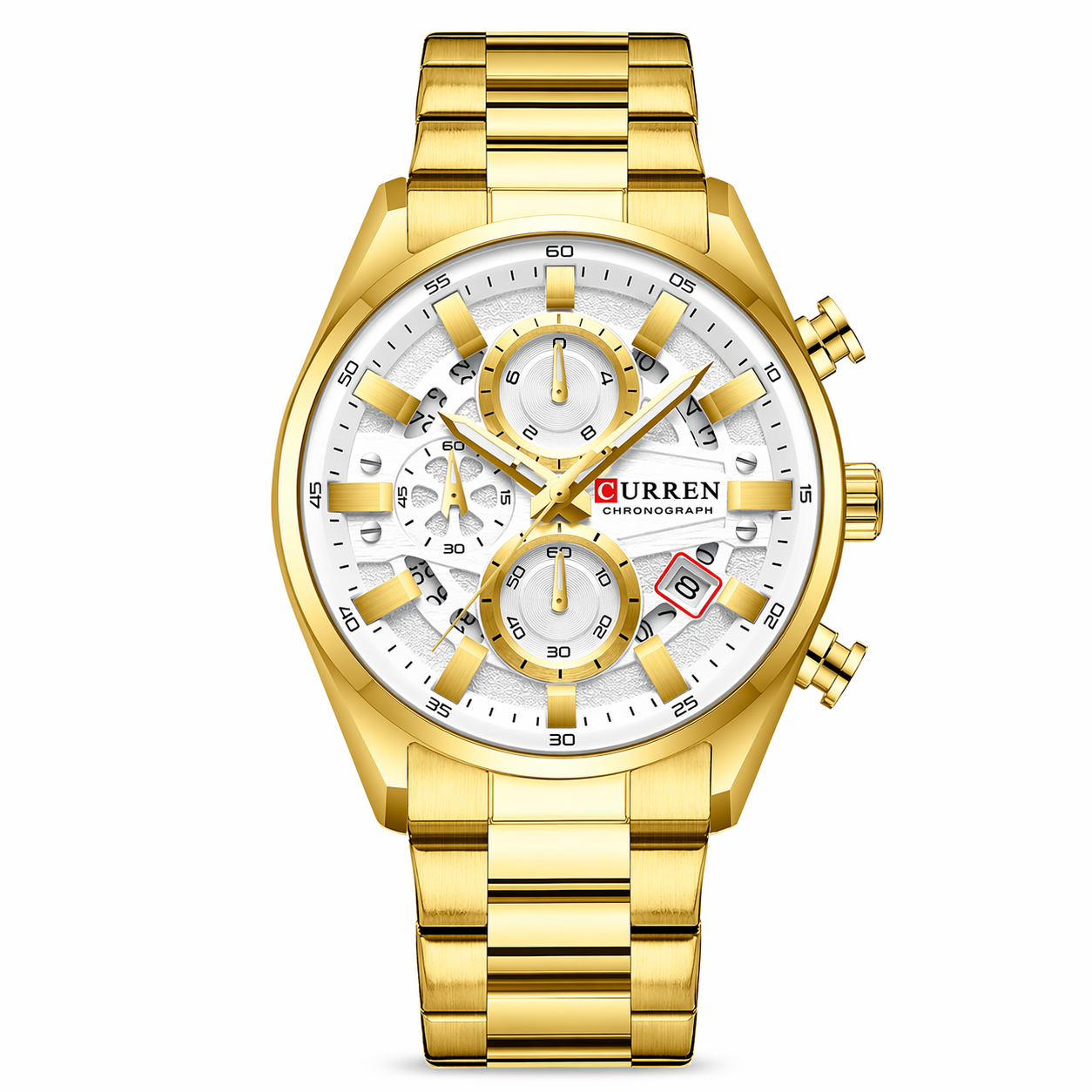 Gold wristwatch with a white face on a white background