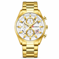 Gold wristwatch with a white face on a white background