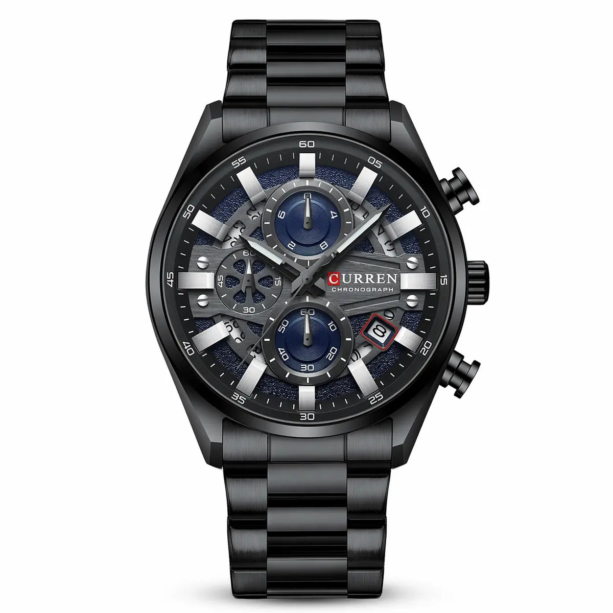 Black wristwatch with detailed face on a white background, featuring the brand 'Curren'.