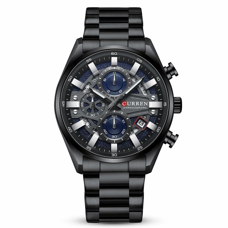 Black wristwatch with detailed face on a white background, featuring the brand &