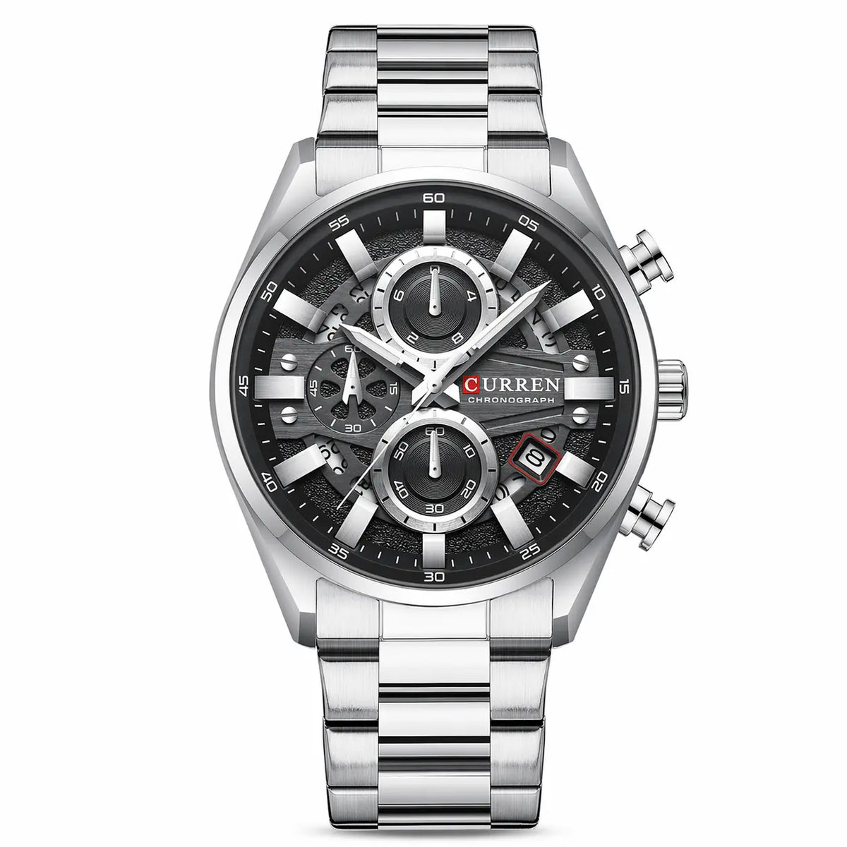 Curren watch with silver band and black dial on a white background