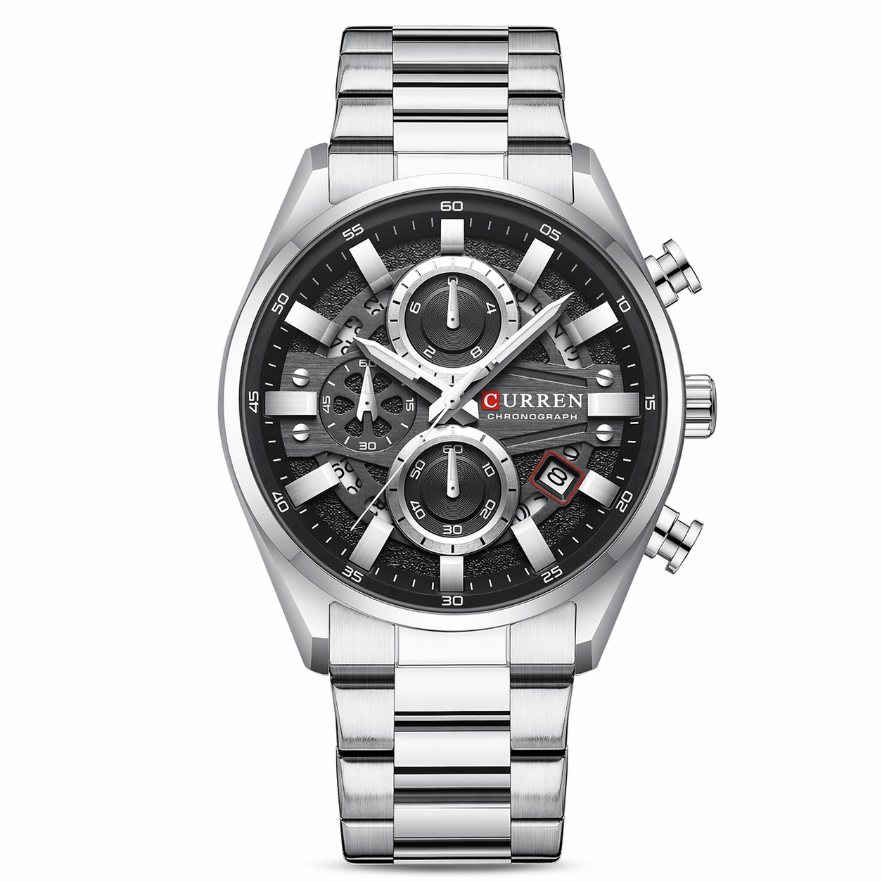Curren watch with silver band and black dial on a white background