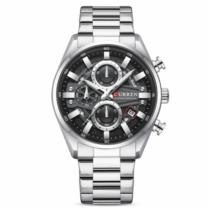 Curren watch with silver band and black dial on a white background