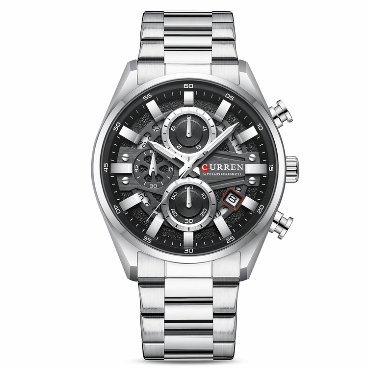 Curren watch with silver band and black dial on a white background