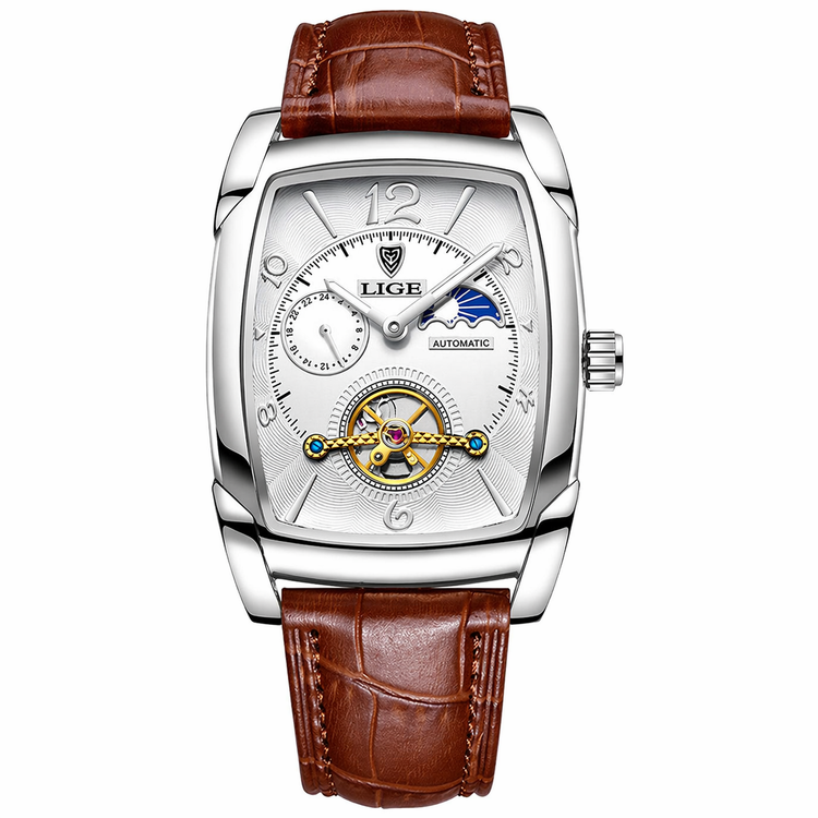Luxury watch with brown leather strap and silver case on white background