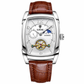 Luxury watch with brown leather strap and silver case on white background