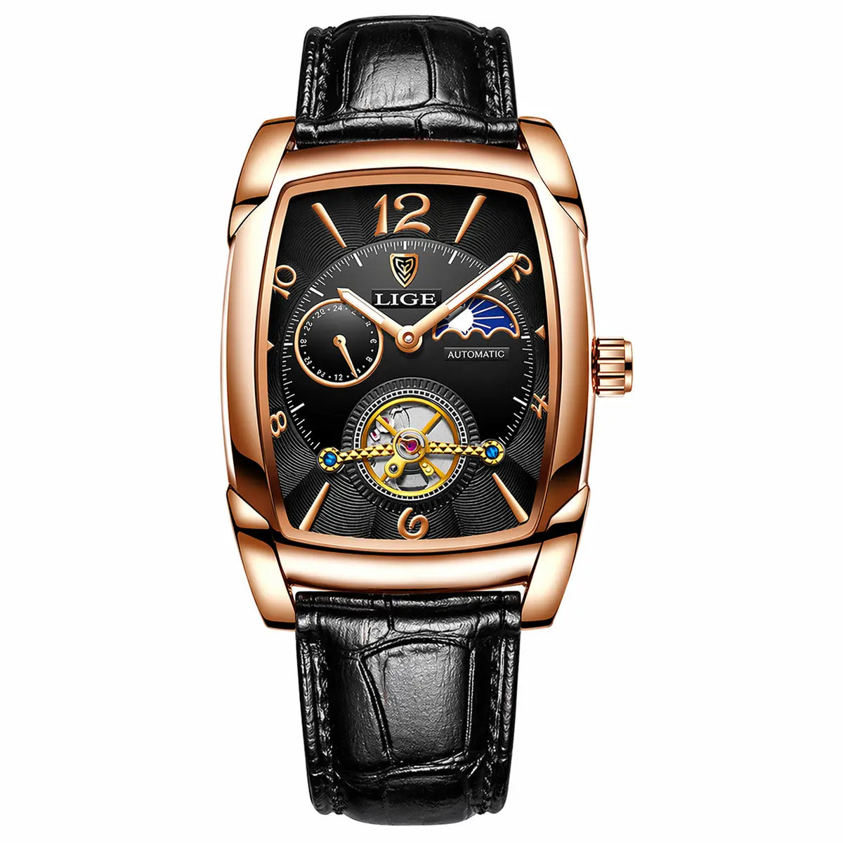 Men's square mechanical watch with calendar display, rose gold case, black face, black leather strap front view