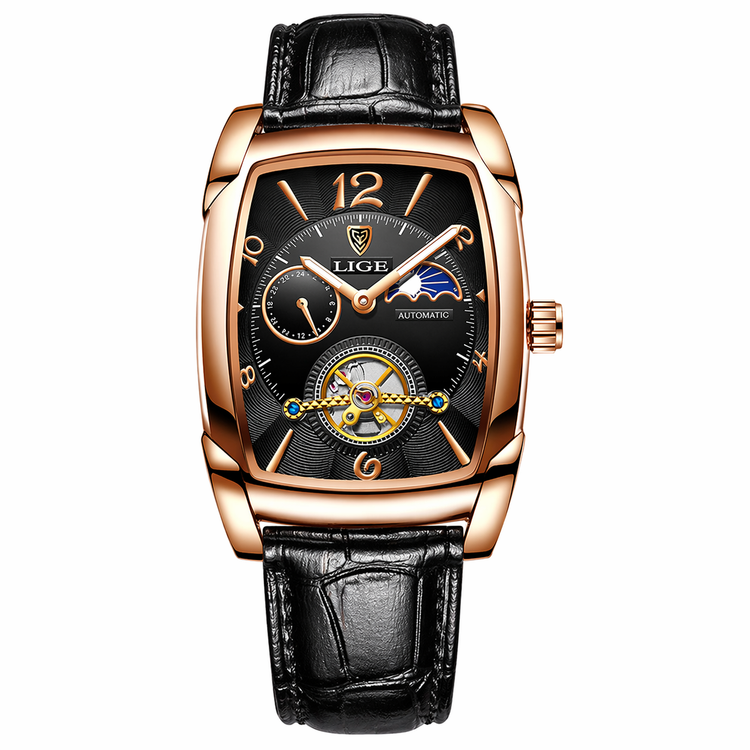 Luxury watch with black leather strap and rose gold case on white background