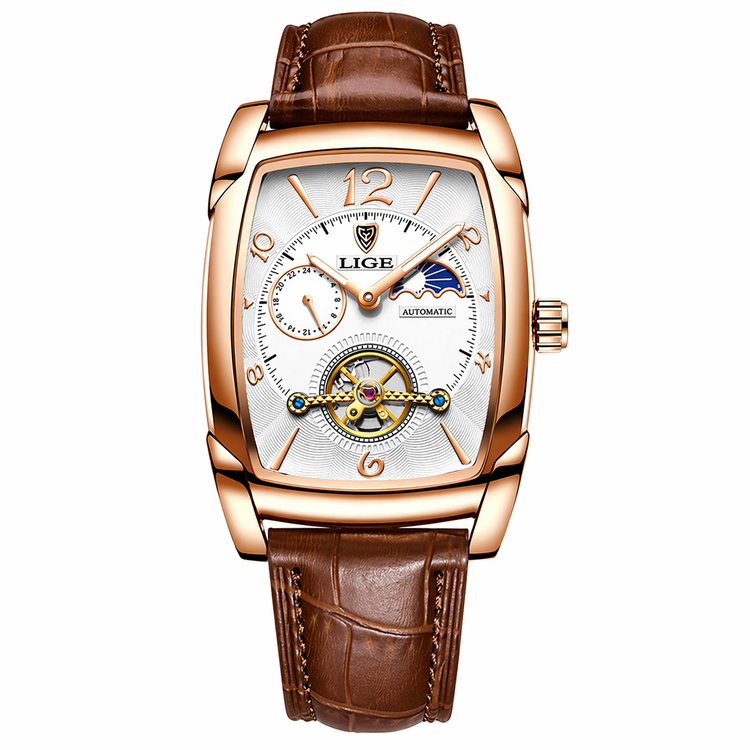 Luxury watch with brown leather strap and rose gold case on white background