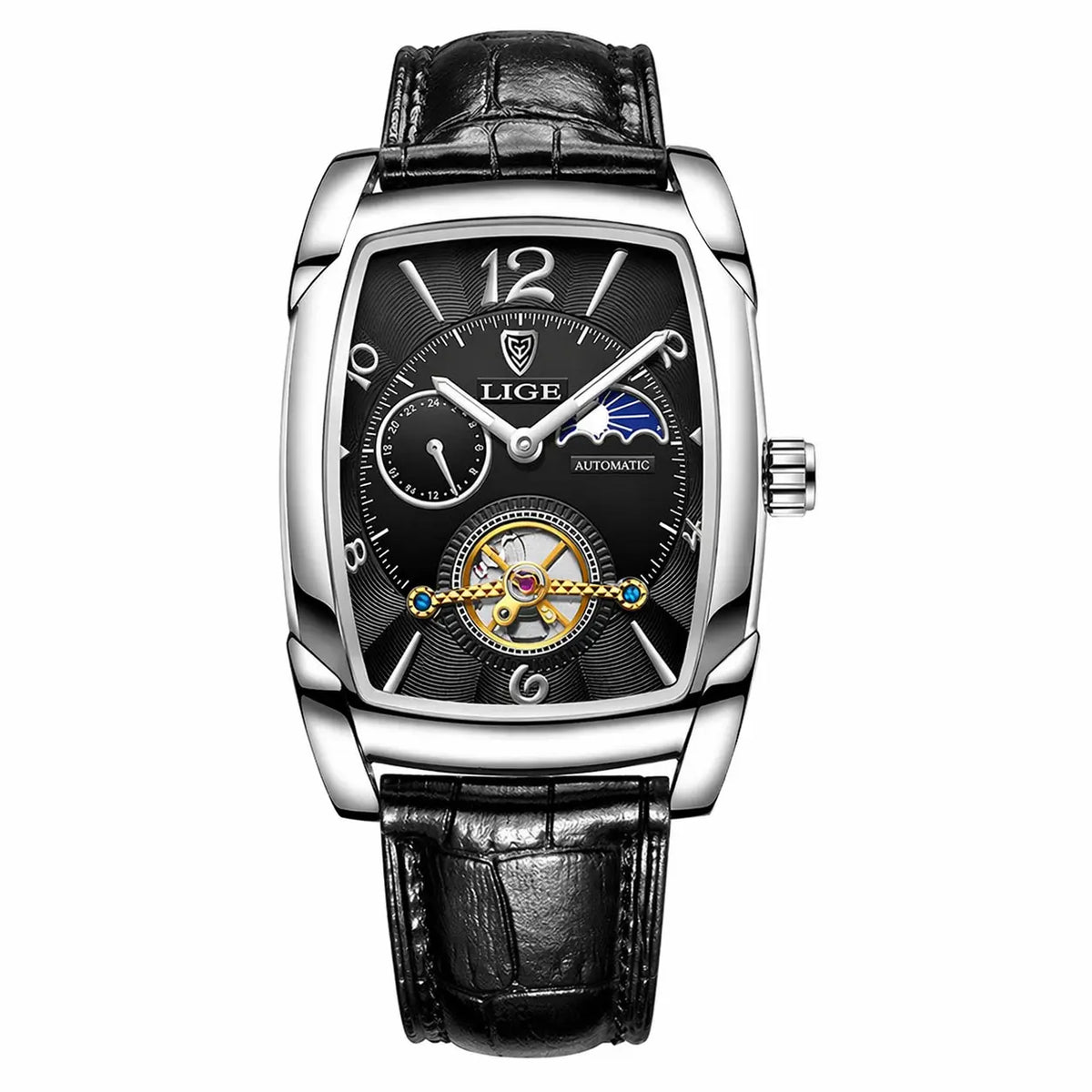 Luxury watch with black leather strap and visible brand logo on a white background