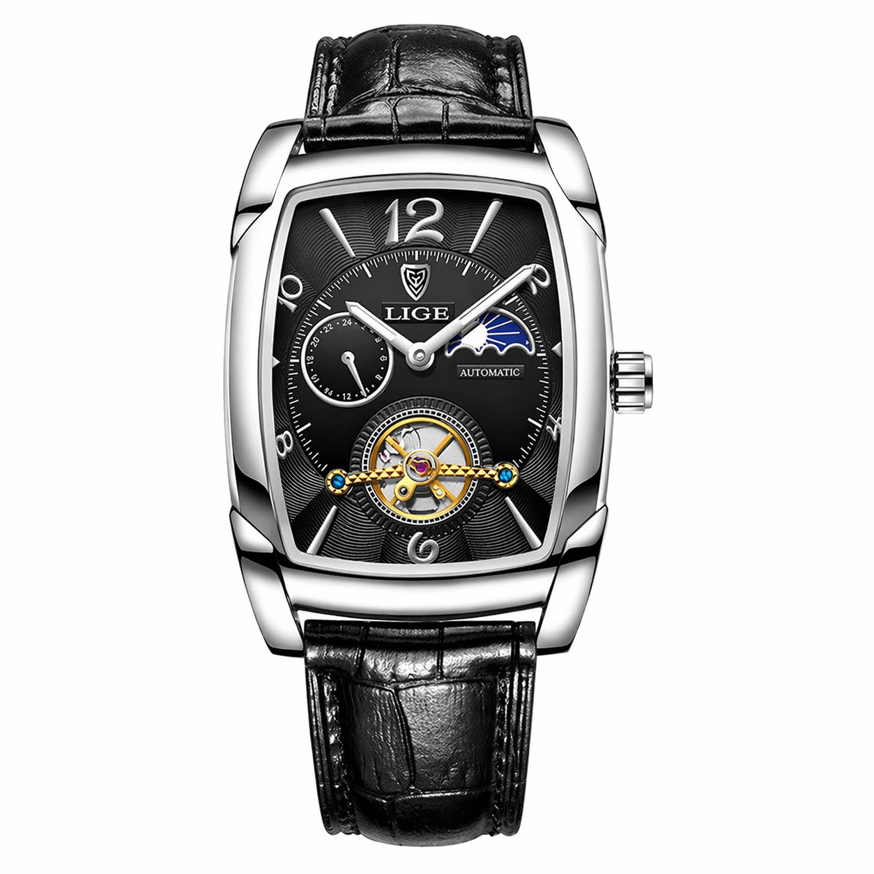Luxury watch with black leather strap and visible brand logo on a white background