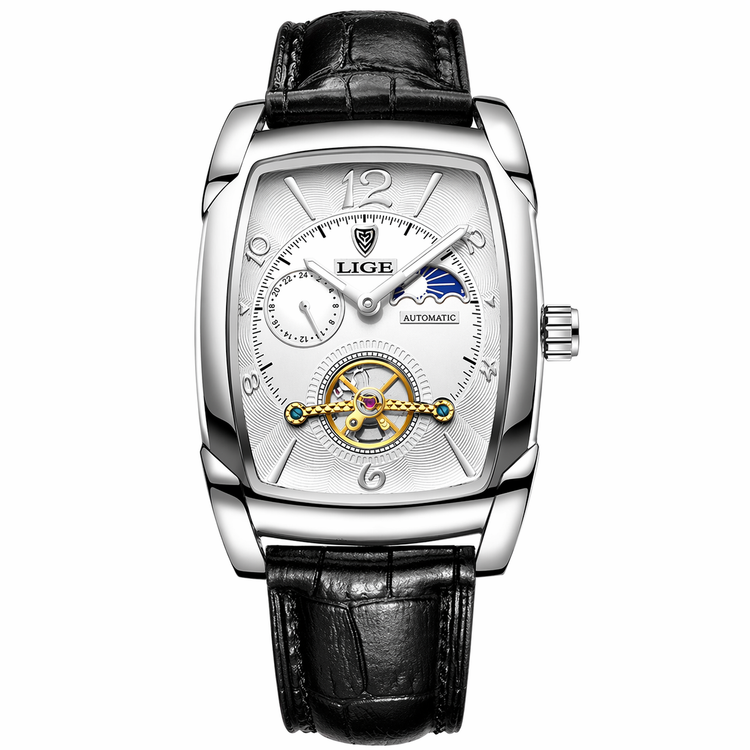 Luxury watch with black leather strap and visible brand name on white background
