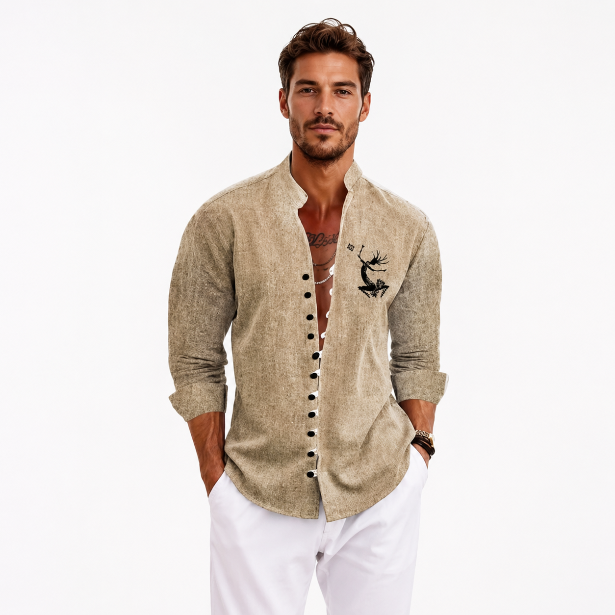 Man wearing a beige button-up shirt with a deer design on a white background