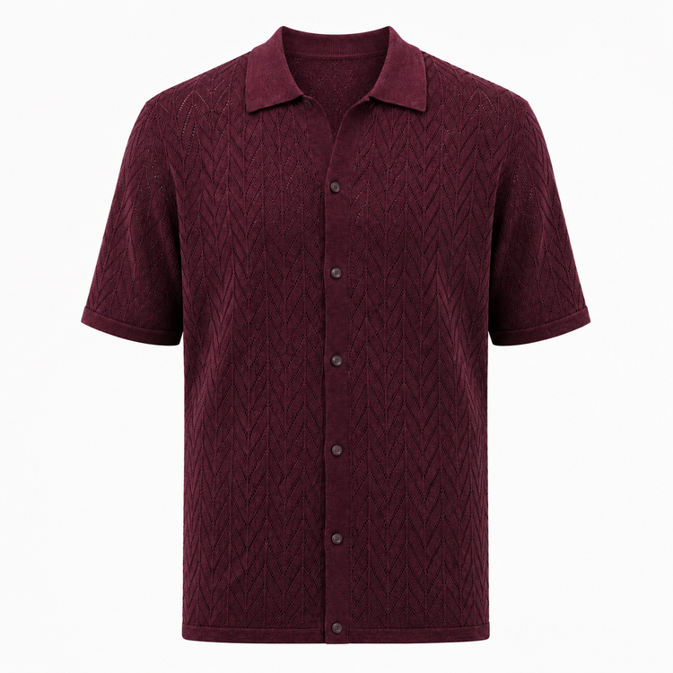 Maroon patterned shirt on a white background