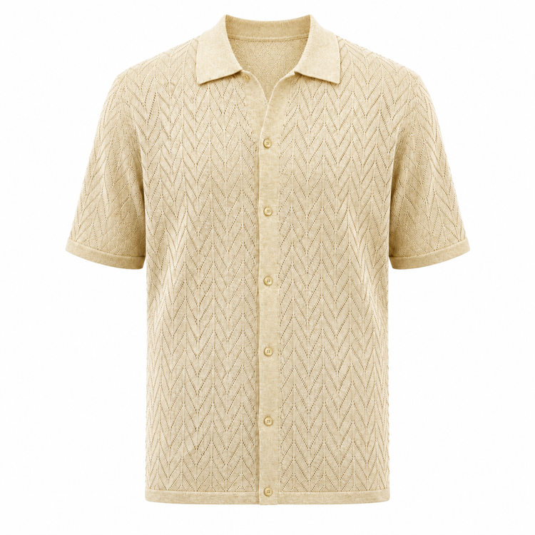 Beige patterned short-sleeve shirt on a white background