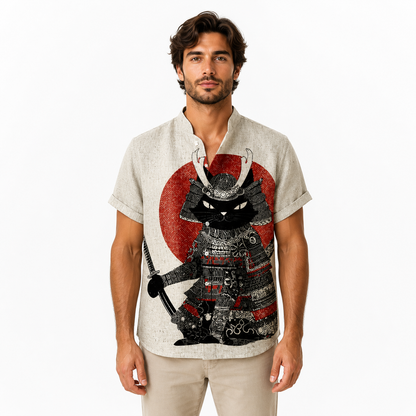 Man wearing a shirt with a samurai cat design on a white background