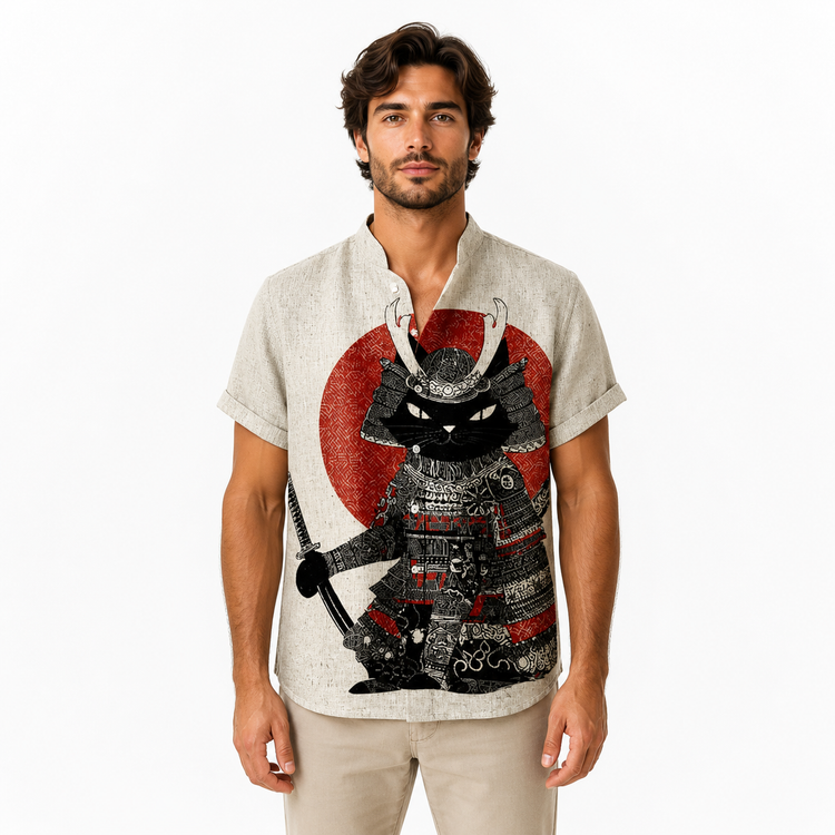 Man wearing a shirt with a samurai cat design on a white background
