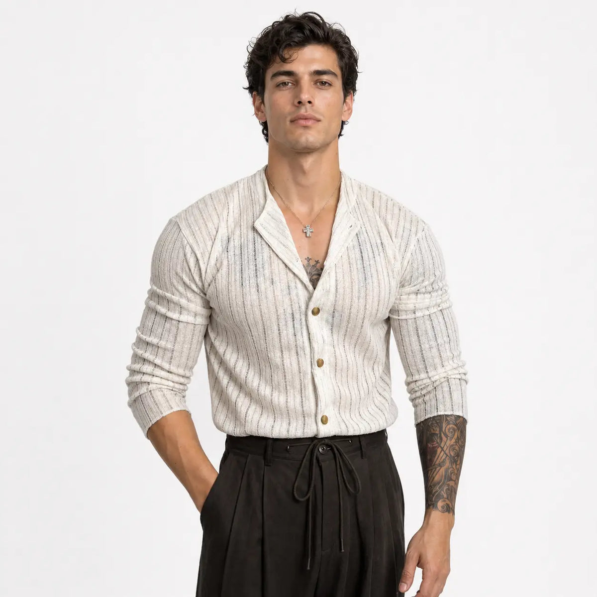 Solid color men's cardigan - stylish hemp blend in cream, worn by a model standing with hands in pockets, front view
