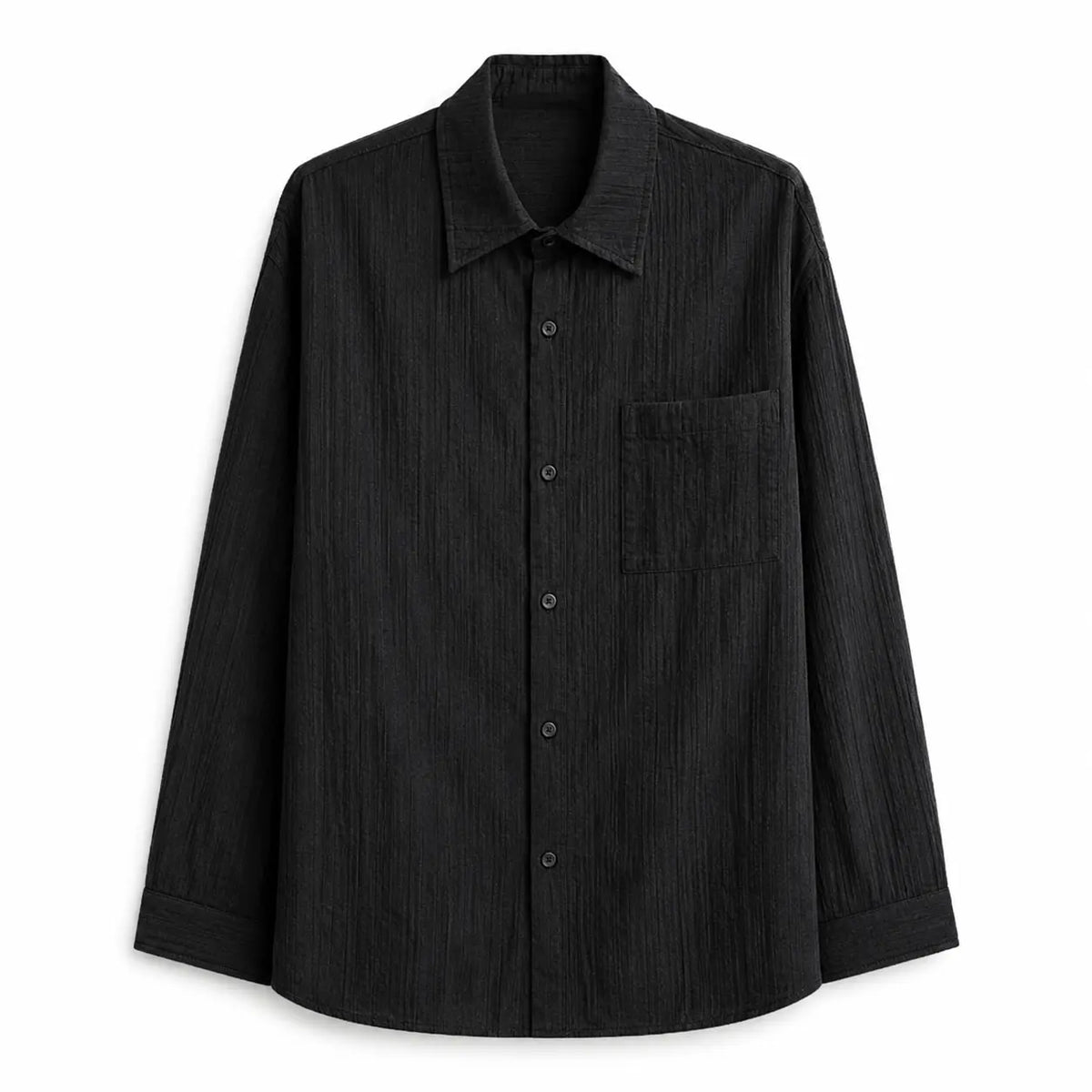 Black button-up shirt with a collar on a white background