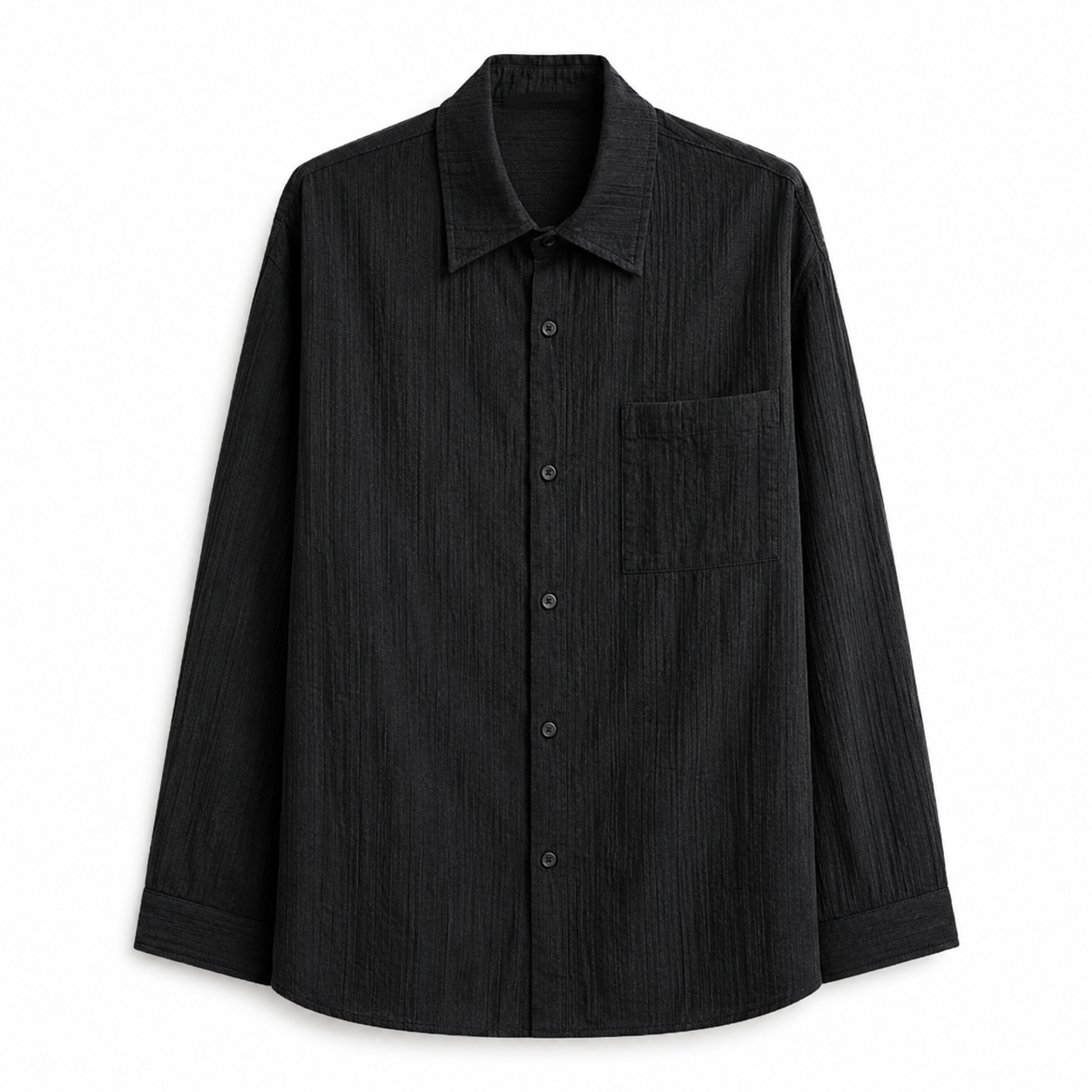 Black button-up shirt with a collar on a white background