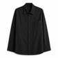 Black button-up shirt with a collar on a white background