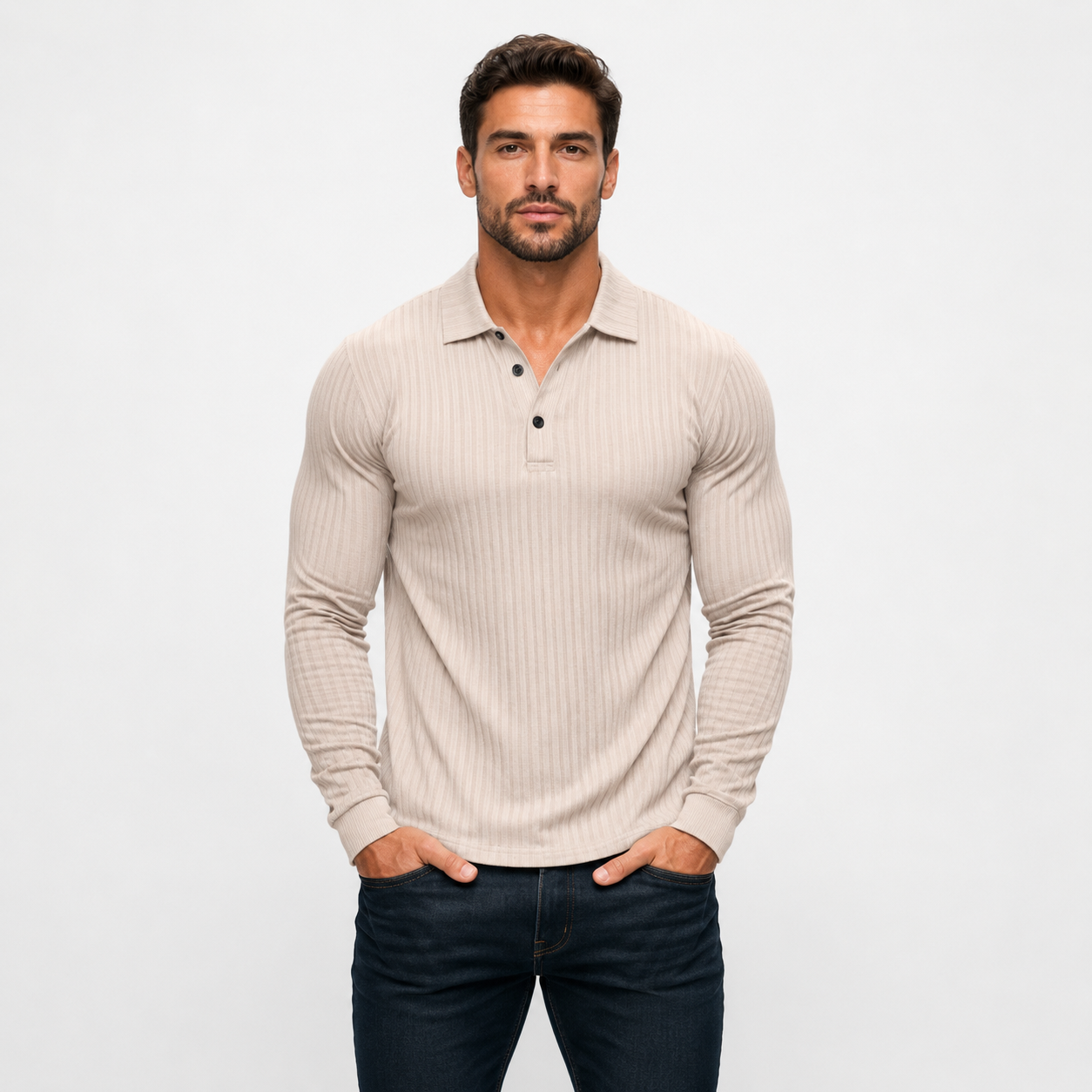 Man wearing a beige long-sleeve polo shirt against a white background