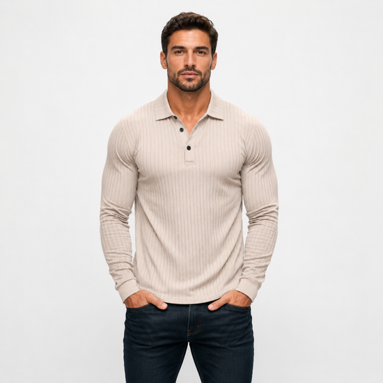 Man wearing a beige long-sleeve polo shirt against a white background