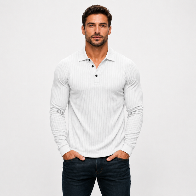 Man wearing a white long-sleeve polo shirt against a light gray background