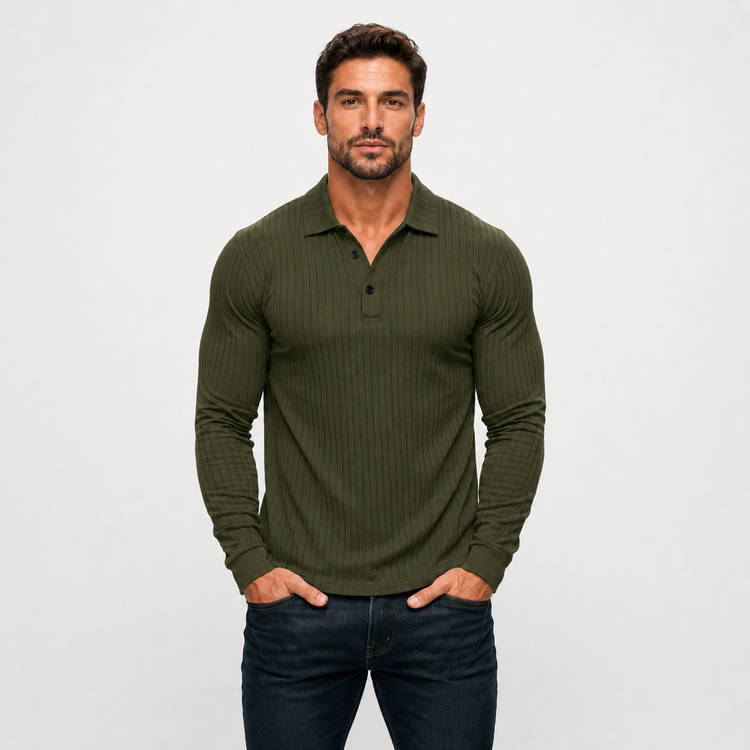 Man wearing a green ribbed long-sleeve shirt against a white background