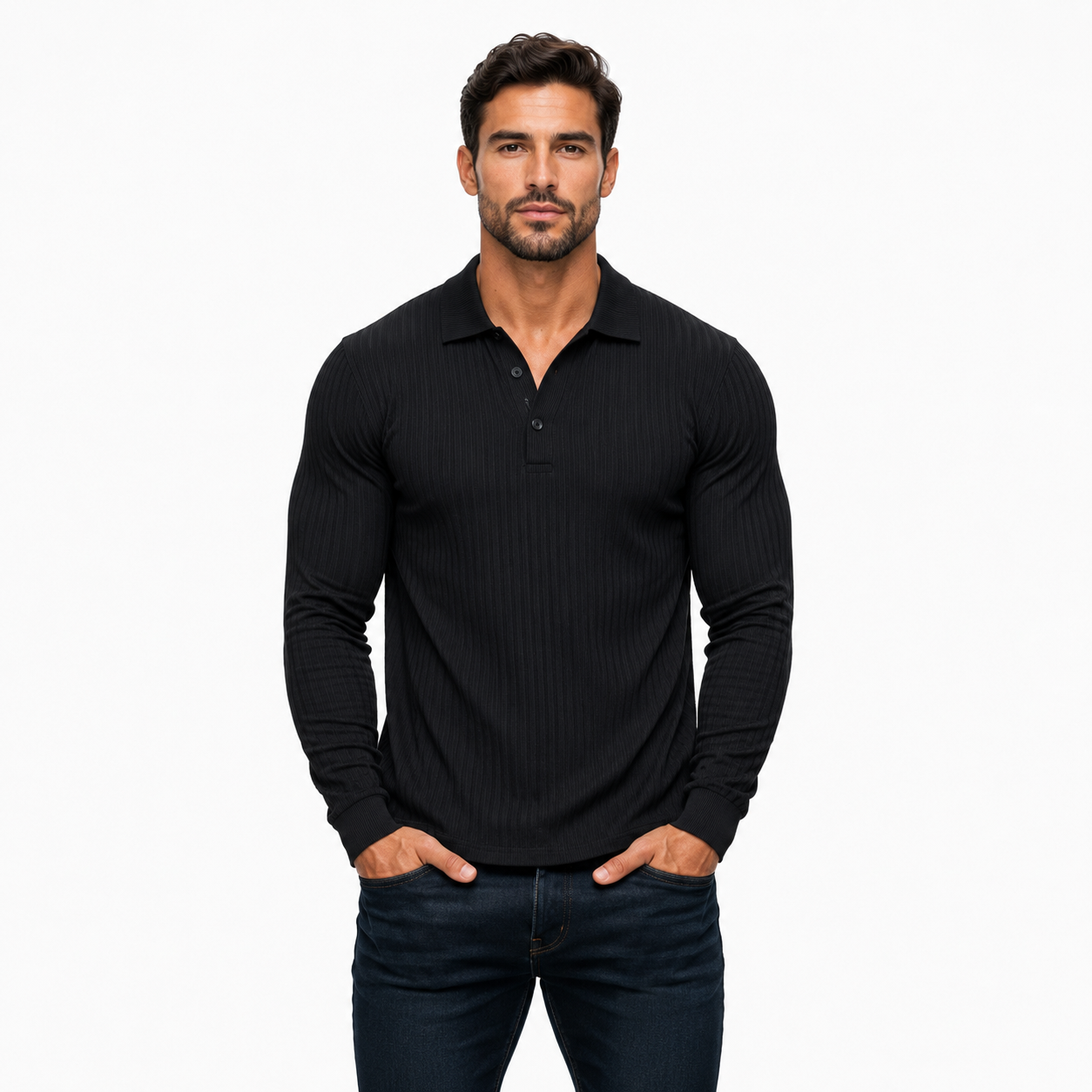 Man wearing a black long-sleeve polo shirt on a white background