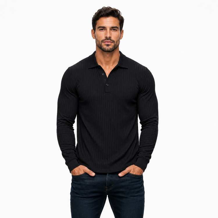 Man wearing a black long-sleeve polo shirt on a white background