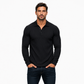 Man wearing a black long-sleeve polo shirt on a white background