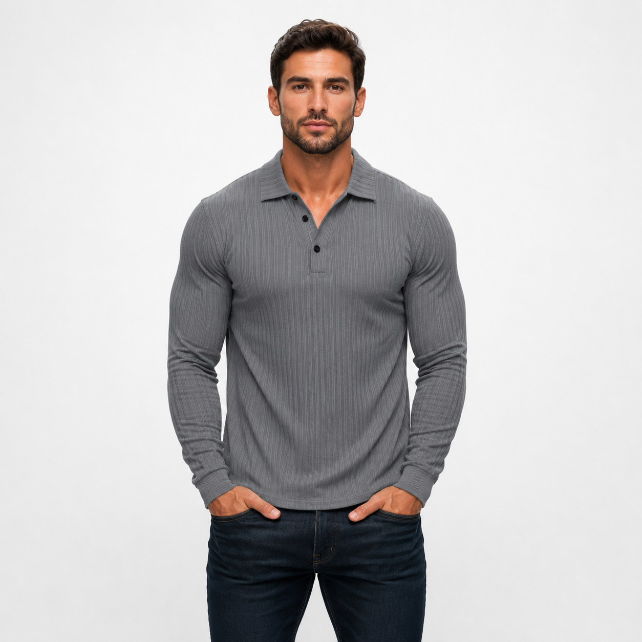 Man wearing a gray long-sleeve polo shirt against a white background