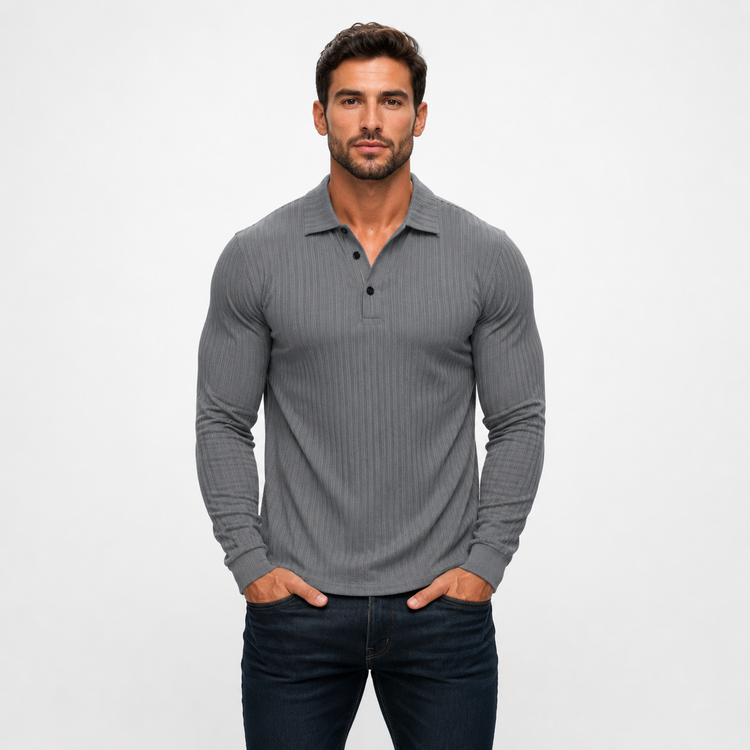 Man wearing a gray long-sleeve polo shirt against a white background