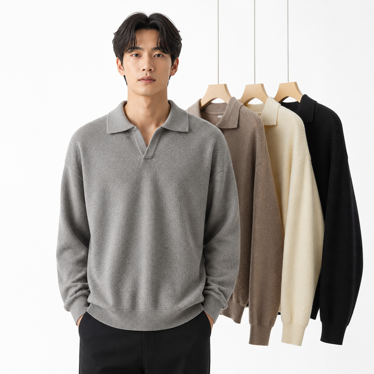 Men’s Loose Fit Knit Long Sleeve Polo Sweater