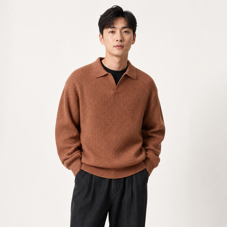 Man wearing a brown sweater and black pants on a white background