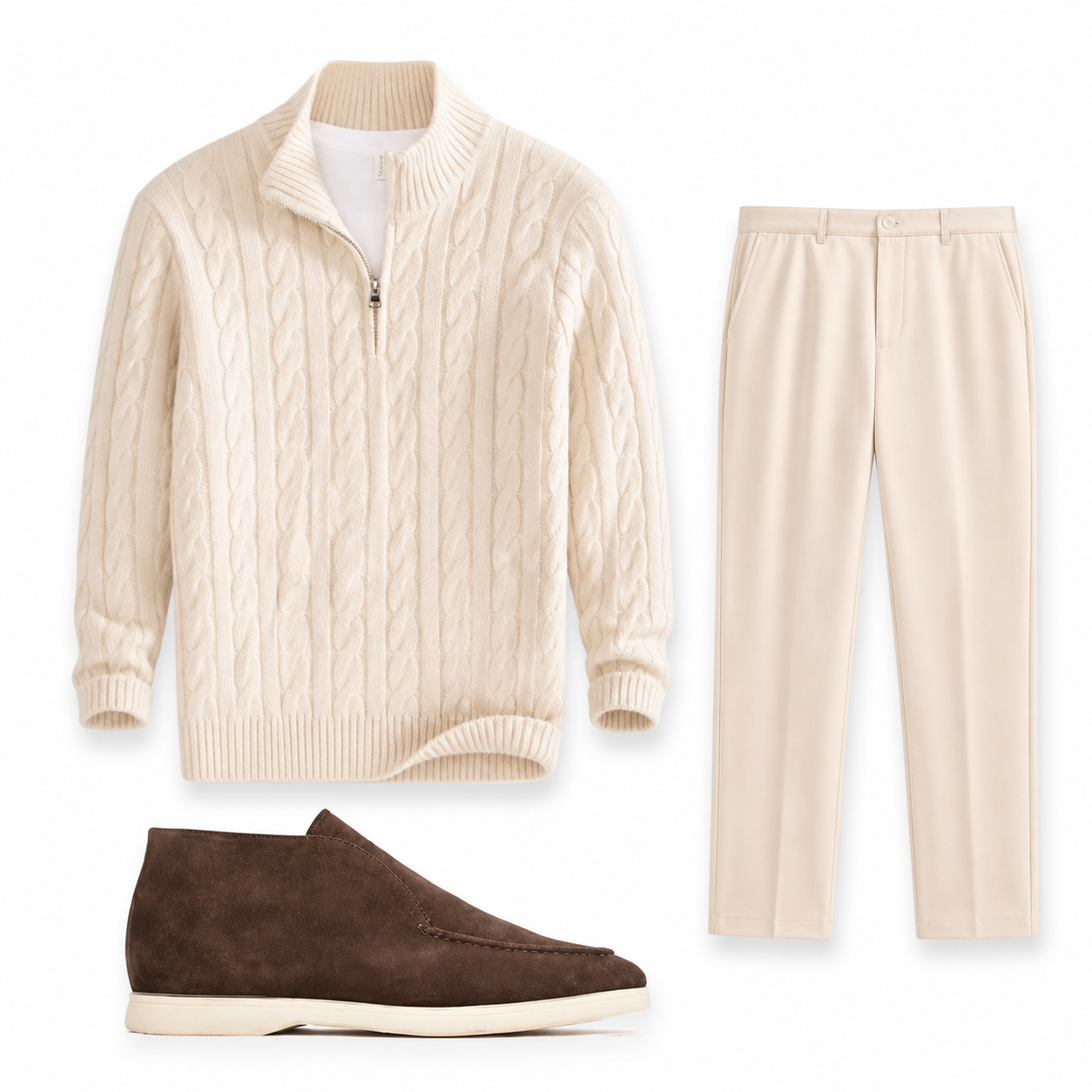 Beige cable-knit sweater, beige pants, and brown shoes on a white background