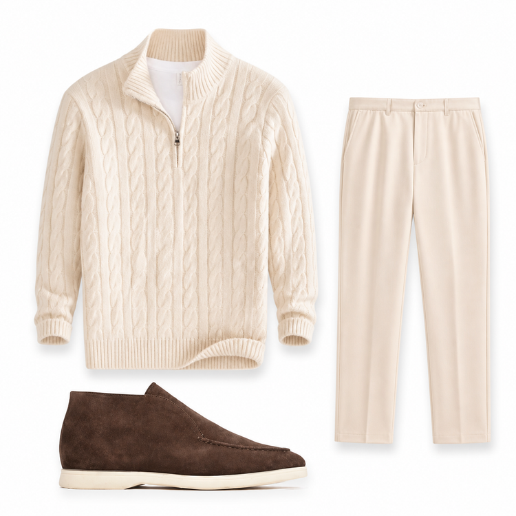 Beige cable-knit sweater, beige pants, and brown shoes on a white background