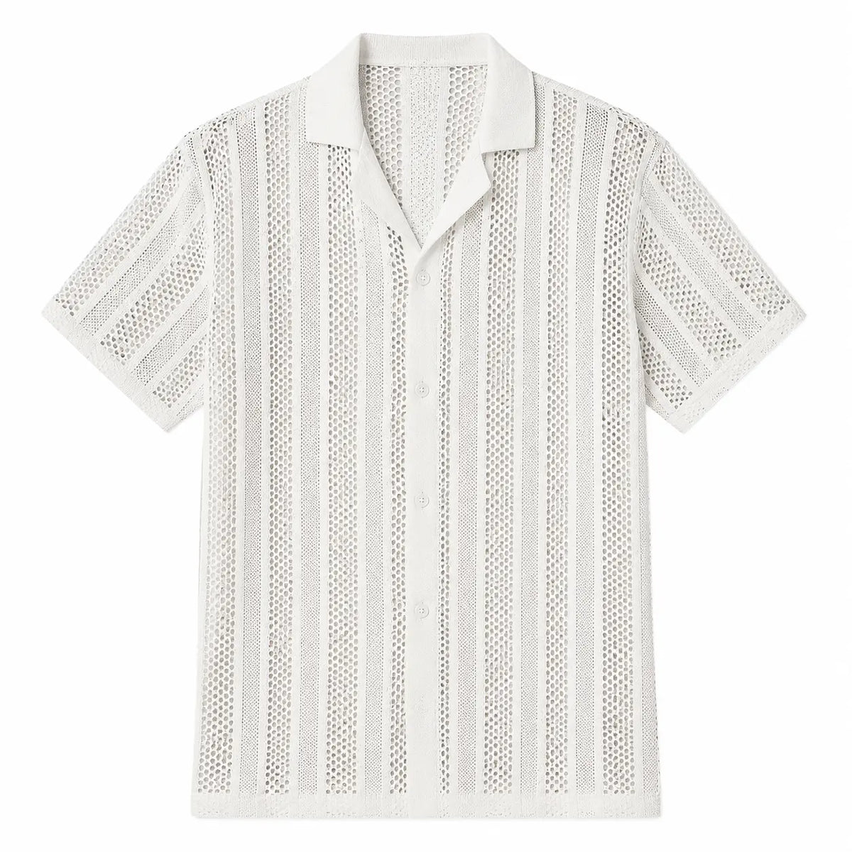 Button knitted short-sleeved shirt - stylish men's cardigan in white with vertical patterns, flat lay front view.